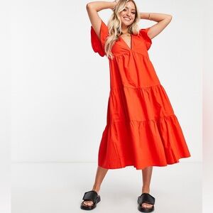 Vero Moda‎ Red Midi Dress with side slit and tiered ruffle skirt, Size XS